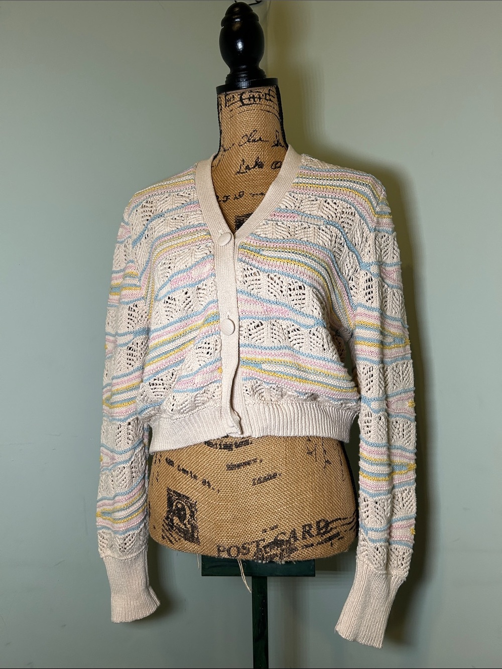 Zara Pointelle Knit Crochet Pastel Stripes Unique Cottage Cropped Cardigan L